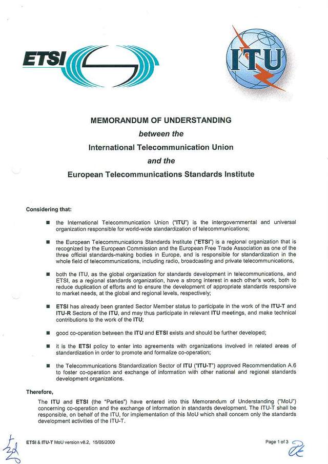 MoU between ITU and ETSI - Page 1