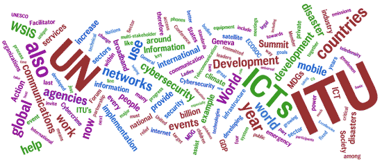 Cloud of Words: ITU, UN, agencies, global, networks, ICTs, countries, development, ....