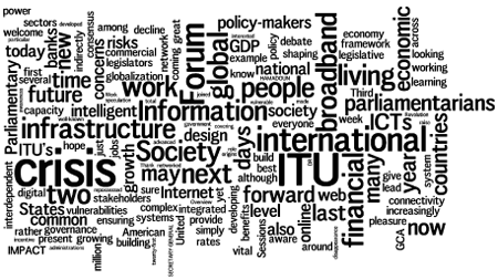 Cloud of words: ITU, society, international, crisis, infrastructure, people, parliamentarians