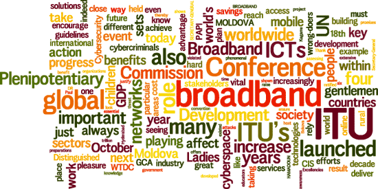 Cloud of words: Conference, ITU, Commission, broadband, global, Plenipotentiary, Moldova