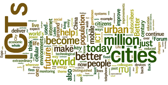 Cloud of words: ICTs, cities, world, millions, today, better, people, future, urban...