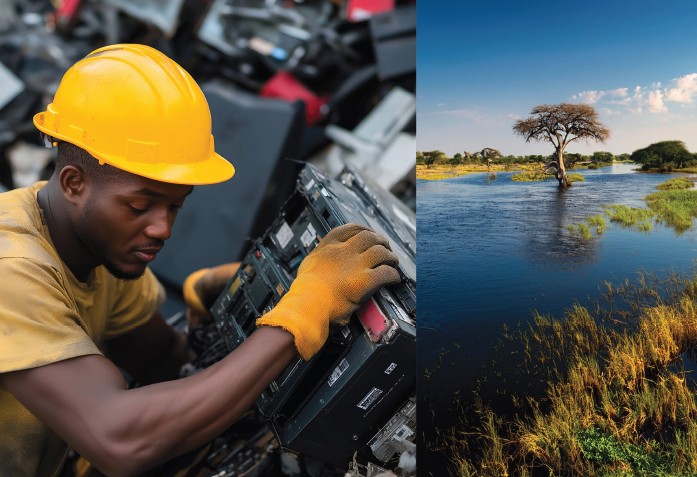 Left image shows a worker in an e-waste recycling facility. Right image shows an open field with stream and trees.