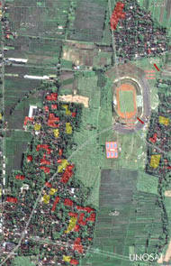 Satellite imagery provided by ITU to Indonesia, showing (in red and yellow) damage caused by the Java earthquake in May 2006. Source: UNOSAT