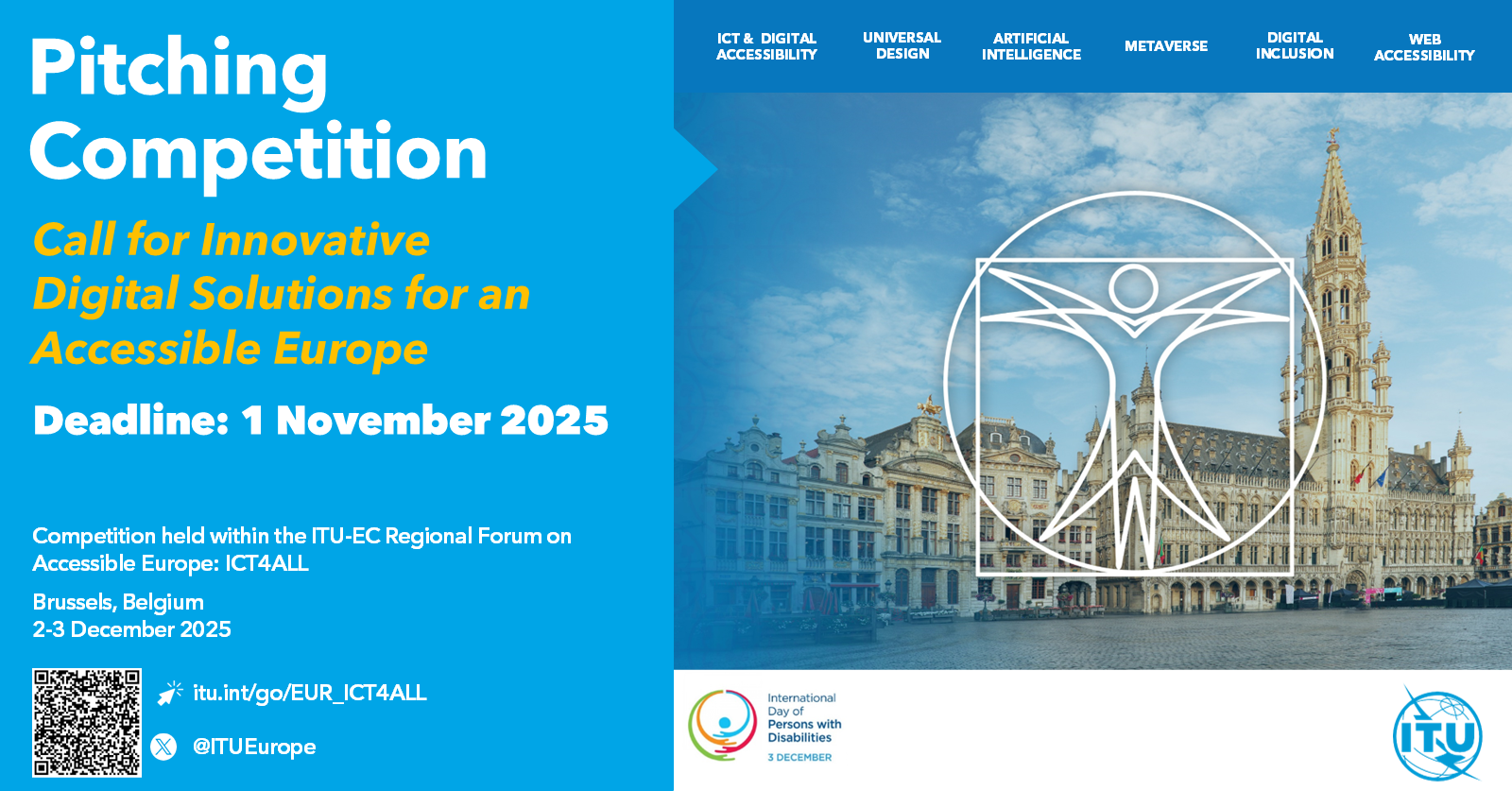 Pitching call for digital solutions for accessibility in Europe. Deadline: 1 Nov 2025. Event: Brussels, 2-3 Dec 2025