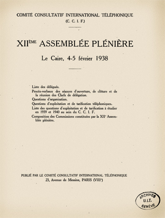 CCIF - XIIth Plenary Assembly (Cairo, 1938)