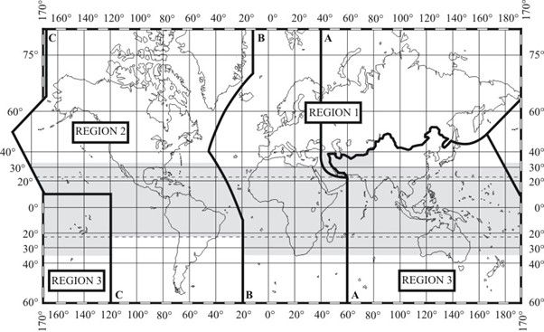 A map showing the world divided into three regions according to the allocation of frequencies. The African territory is found in Regions 1 and 3.