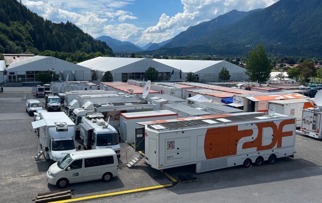 Broadcasting equipment vehicles outside the G7 venue in Bavaria, Germany