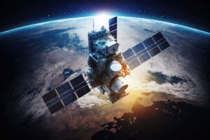 Satellite orbits the earth in space. Generative AI