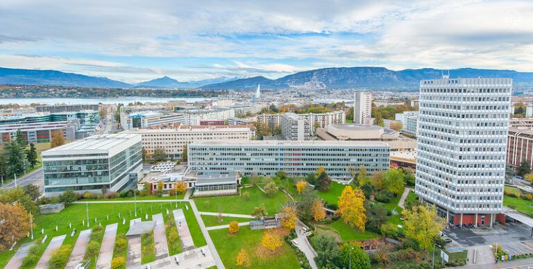 A bird's eye view of the three buildings making up the ITU campus in Geneva