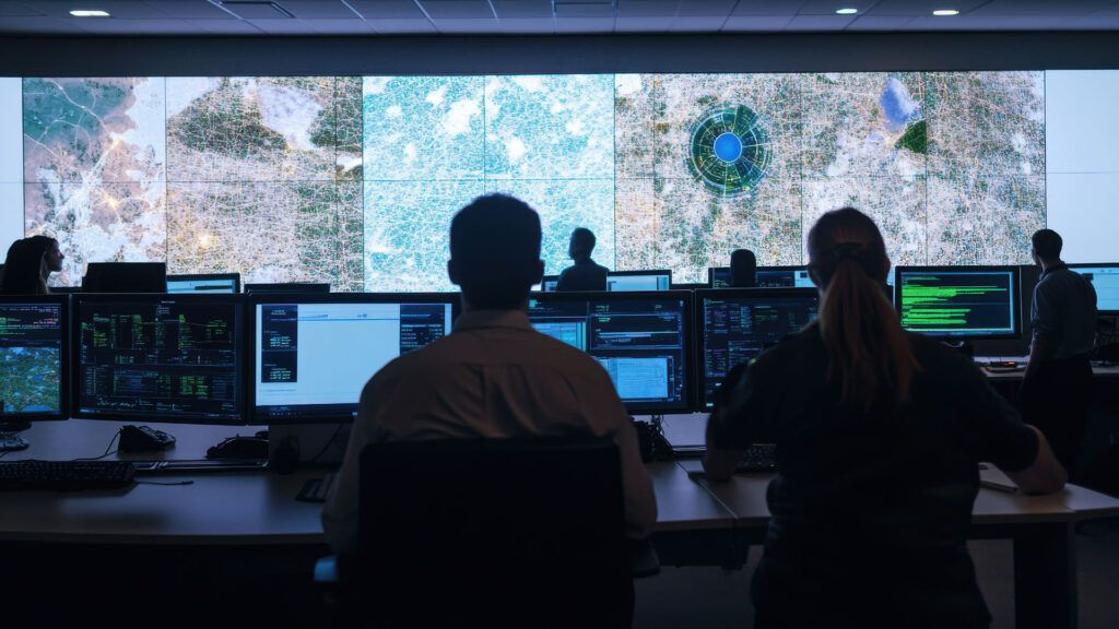 An AI enhanced disaster response control room, real-time satellite imagery and predictive analytics guiding emergency teams