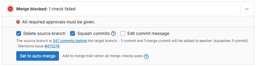 The merge request widget displays 'All required approvals must be given'.