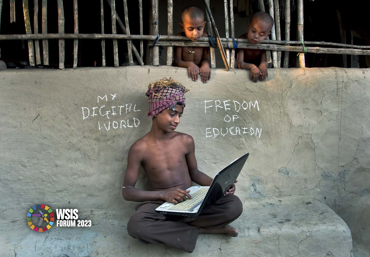Modern village farmer student learning internet education.